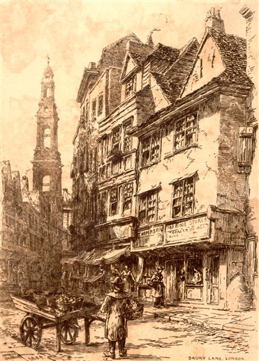 Photo:Due to the theatres located there, Drury Lane was actually the locus of most prostitution on Covent Garden. Much of it started there. Print by Ernest George, looking towards the church of St Mary-le-Strand. 1884.