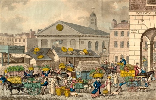 Photo:Aquatint art print of Covent Garden market. 1826-1831.