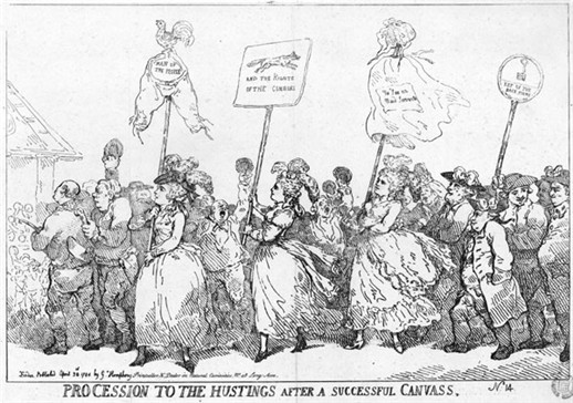 Photo:Supporters of Charles Fox  march towards the hustings which are indicated by a corner of the pediment of St. Paul's Church.  A butcher heads the procession, followed by  the Duchess of Devonshire, holding up on a pole a pair of breeches inscribed Man of the People. The other two women may be the Duchess of Devonshire's sister  Lady Duncannon and  Mrs Crewe.   Sam House is holding aloft a beer. Drawn and engraved by Thomas Rowlandson, printed by William Humphrey, 227 Strand. Satire on the Westminster election.