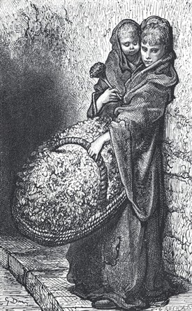 Photo:The world of Eliza Doolittle, contemporary illustration of a Covent Garden flower-seller. Illustration by Gustave Dore in "London, a Pilgrimage"