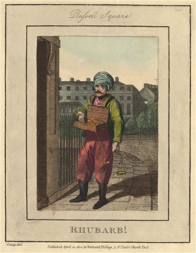 Photo:This picture is from the 'Street Cries' series by William Marshall Craig.  The series is called 'Street Cries' because the title of the pictures are the words that traders would have shouted to advertise their goods. A small number of North African Jews in London made a living selling rhubarb and spices. 1804.