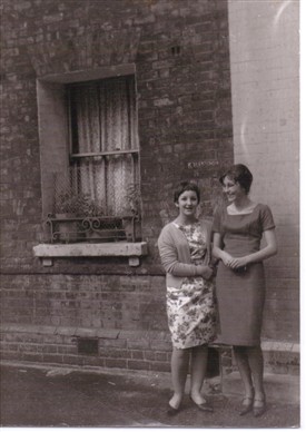 Photo:Helen McKenzie left Brenda Mathias outside 'L' Block Wild St Peabody 1960